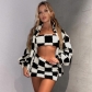 Black and white checkered thickened plush long sleeve coat chest skirt three piece suit S2910420W