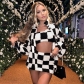 Black and white checkered thickened plush long sleeve coat chest skirt three piece suit S2910420W