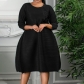 Oversize Women's Autumn and Winter New Round Neck Solid Pleated Loose Dress C8494