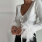 Knitted strap V-neck cardigan with exposed navel long sleeve T-shirt Women's sexy slim top JY22408