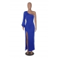 Women's Autumn Slant Shoulder Lantern Sleeve Solid Slim Split Dress Dress CQ2768