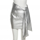 Silver fashion PU imitation leather snake print high waist lace up skirt K22J21035