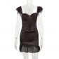 Sedin chiffon patchwork suspender skirt square neck off shoulder slim skirt French dress D1340