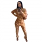 Women's fashion leopard print splicing long sleeve hip wrap high waist dress+trousers suit QY5112