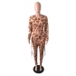 Women's fashion leopard print splicing long sleeve hip wrap high waist dress+trousers suit QY5112