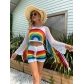 Rainbow Color Contrast Split Swimsuit Cover Up Color Tassel Sunscreen Beach Women's Hook Set Y0001C
