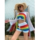 Rainbow Color Contrast Split Swimsuit Cover Up Color Tassel Sunscreen Beach Women's Hook Set Y0001C