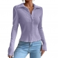 Solid color splicing sleeve split cardigan button top lapel T-shirt OZN0871