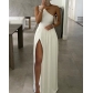 Fashion mature women's white sexy one shoulder side slit waist long dress dress LZS1827Z