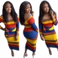 Women's fashionable colorful striped one neck long sleeve dress D83231