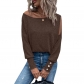 Women's solid color fashion off shoulder cuffs with buttons T-shirt OZN0875