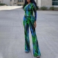 Green printed T-shirt wide leg pants fashionable casual two-piece set H046