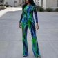 Green printed T-shirt wide leg pants fashionable casual two-piece set H046