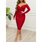 Women's sexy one shoulder pleated hip wrap long sleeve dress OS6805