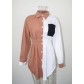 Women's waist collection color contrast splicing top pocket long sleeve chiffon shirt LH8949