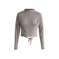 Sexy tight drawstring slim long sleeved t-shirt fashionable side pleated open navel casual bottoming shirt top LM9642