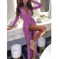 Solid V-Neck Shiny Sexy Nightclub Dress Slim Long Sleeve Dress JWY202185