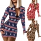 Printed Christmas V Leader Zipper Long Sleeve Christmas Dress Christmas Women's Dress M2285