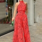 Elegant style waistband tied short sleeve neck hanging trousers printed jumpsuit DL0357-1