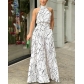 Elegant style waistband tied short sleeve neck hanging trousers printed jumpsuit DL0357-1