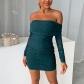 Long Sleeve Off Shoulder Dress Celebrity Party Sexy Solid Ruffle Wrapped Hip Skirt MNDAK484