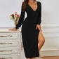Sexy V-neck slit high waist slim temperament dress A-line long skirt QDCF1520