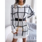 Casual color contrast check long sleeve bottomed wool dress B1184