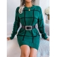 Casual color contrast check long sleeve bottomed wool dress B1184
