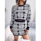 Contrast checked open navel sweater hip skirt knitting suit B1835