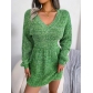 Colorful lantern sleeve waist wool dress B2095