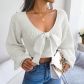 Fashion Bowknot V-Neck Lantern Sleeve Open Navel Sweater B3016