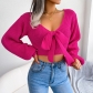 Fashion Bowknot V-Neck Lantern Sleeve Open Navel Sweater B3016