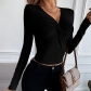 V-Neck Slim Fit Short Knitted Long Sleeve T Sleeve Top QCCF2330