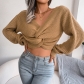 Long sleeve knotted open navel knitting sweater B2074
