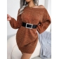 Autumn and winter casual off the shoulder color lantern sleeve knitted wool dress B2080