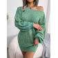 Autumn and winter casual off the shoulder color lantern sleeve knitted wool dress B2080