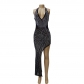 Women's mesh hot drill neck irregular dress dress YD164