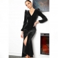 Knitted V-neck shoulder pad long sleeve dress with intellectual temperament AL88114