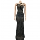 Fashion Women's Mesh Scalded Sleeveless V-neck Long Dress Dress C6075
