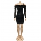 Fashion Women's Mesh Long Sleeve Off Shoulder V-Neck Velvet Strap Dress C6080