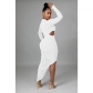 Fashion Women's Solid Pleated Round Neck Long Sleeve Long Dress Dress C6110