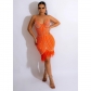 Fashion Women's Sleeveless Chest Wrapping Hot Drilled Feather Strap Dress C6156