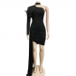 Fashion Women's Cape Feather Single Long Sleeve Oblique Shoulder Dress X6126