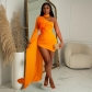 Fashion Women's Cape Feather Single Long Sleeve Oblique Shoulder Dress X6126