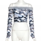 Fashion off the neck camouflage printing slim open navel T-shirt base K22L23674
