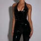 Sexy leather top with neck and waistband, tight open back, solid color, slim and chest, short vest YL22394