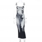 Strap Slotted Neck Fashion Print Slim Wrap Back Split Dress D2910489
