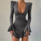 Women's fashion temperament U-neck sexy low chest flare sleeve ruffle dress D2A10544