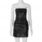 PU leather skirt fashionable temperament sexy strapless slim wrap hip dress D2A10685H