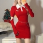 Women's solid color slim high waist fashion lapel short sleeve Christmas dress K22S20516